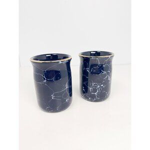 Vintage Navy Blue Marble Ceramic Tumblers with Gold Rims - Set of 2